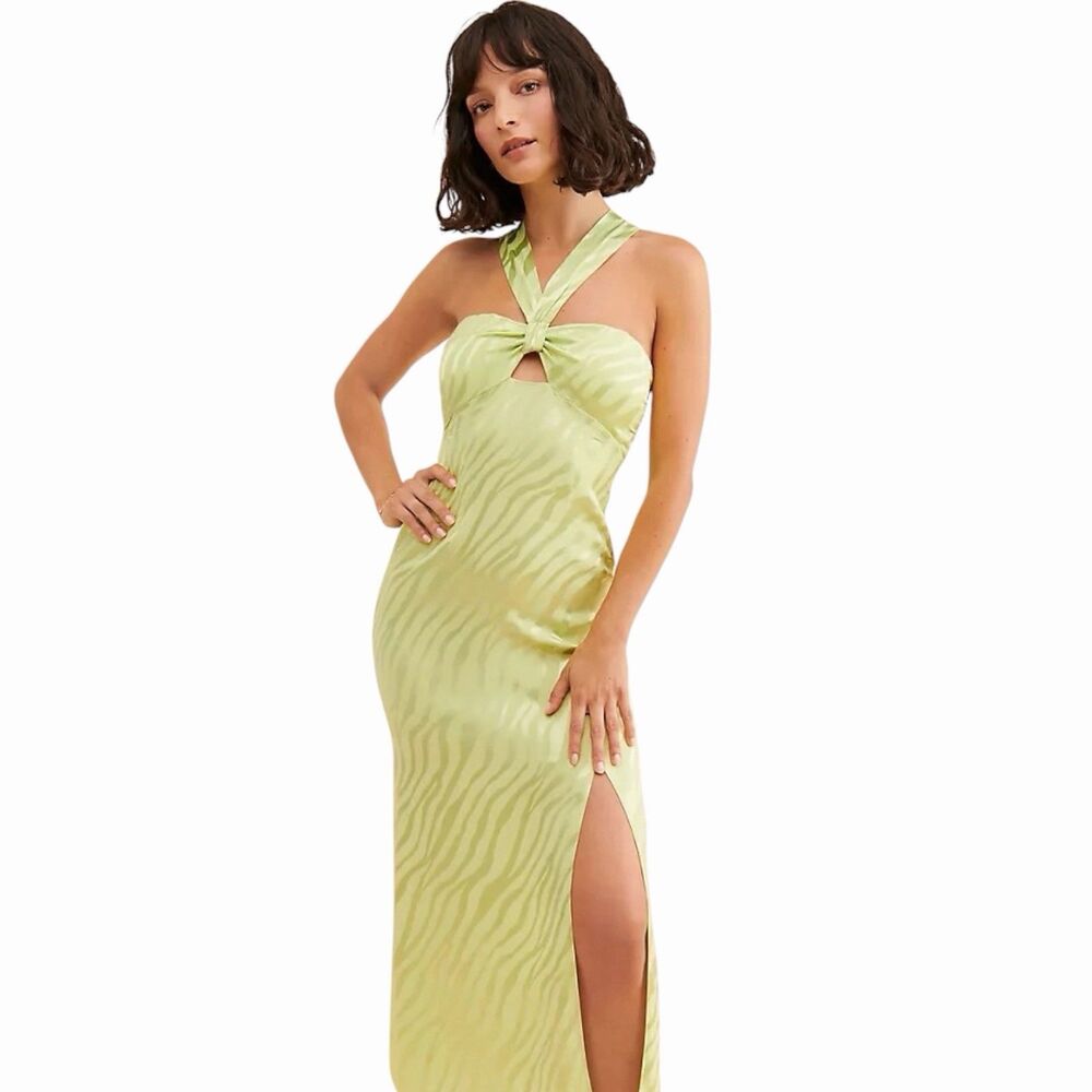 SAYLOR Connor Matcha Green Zebra Satin Jacquard Halter Cutout Slit Maxi Dress L